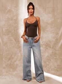 SHEIN BAE 棕色串珠细肩带女式紧身衣，夏季紧身衣，紧身性感复古吊带紧身衣，海滩度假背心，珍珠串珠吊带