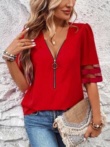 SHEIN LUNE 女士纯色前拉链 3/4 袖宽松休闲衬衫 - 紅色 - 查看 5