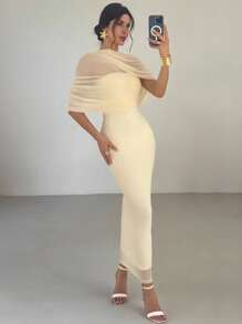 Firerie 优雅浪漫纯黄色荷叶边领口不对称褶皱腰身修身长裙，适合海滩、机场、度假、工作