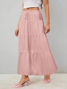 SHEIN Tall Váy Maxi Dài Cho Nữ Lưng Cao Buộc Dây Viền Xếp Nếp Màu Trơn - Hồng - Xem 4