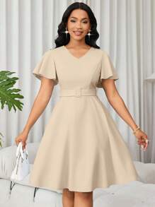 Eryvara 女士优雅纯色A字连衣裙，夏季 - 卡其色 - 查看 3