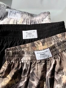 Comfortcana 3pcs Plus Size Solid Color & Tree Branch Print Shorts, Simple Versatile Comfortable Casual Wear Shorts Y2k Camo Shorts,Holiday Outfits For Women