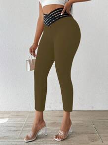 SHEIN LUNE Women's V-Waist Slim Fit Casual Summer Leggings - Army Green - View 3