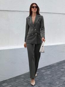 EURMUSE Women's Solid Color Double-Breasted Jacket And Pants Suit Set - Dark Grey - View 3