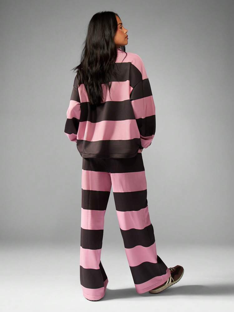 MISSGUIDED Oversized Rugby Two Piece Set With Wide Leg Pants Leisure Athleisure Retro Stripe Collared Cozy Loungewear Fall Winter Campus Fashion