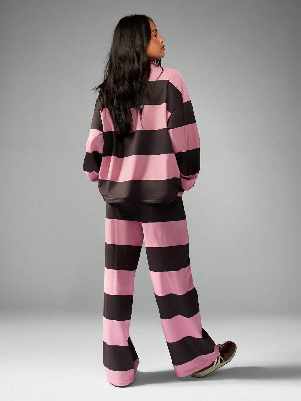 MISSGUIDED Ensemble deux pièces oversize de rugby avec pantalon large, tenue de loisir athleisure, rayures rétro col chemise, tenue de détente confortable, mode campus automne hiver