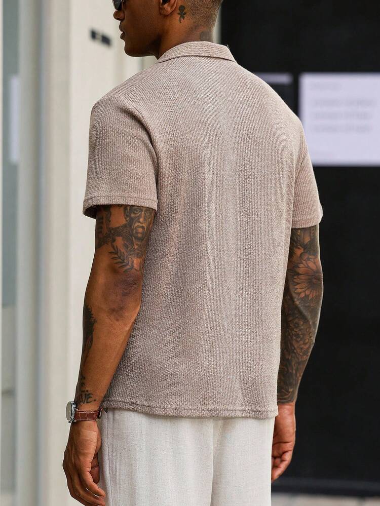 Manfinity Homme Kemeja Lengan Pendek Polos Kasual Pria, Musim Panas - Coffee Brown - View 6