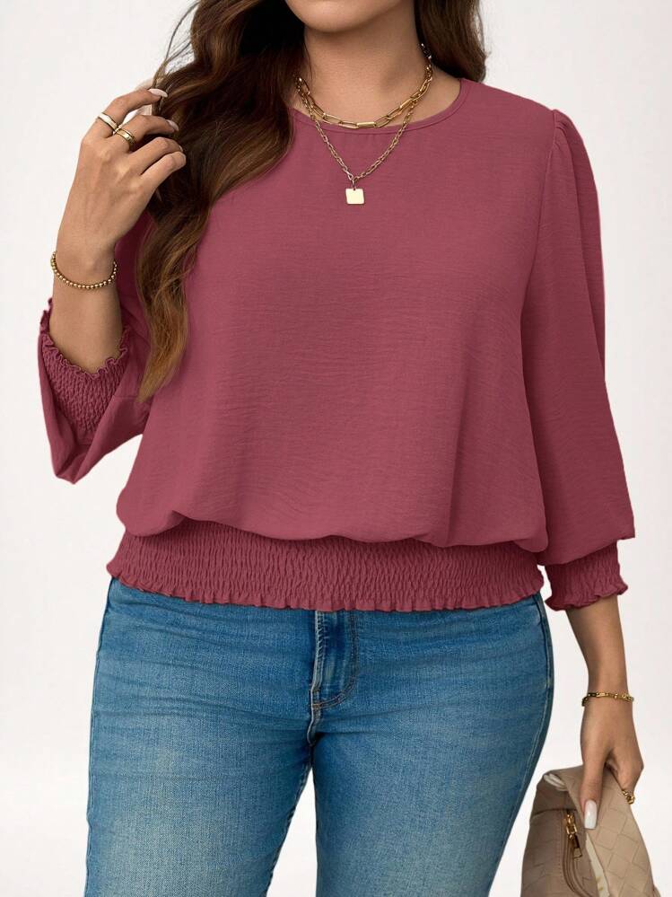 SHEIN LUNE 大码休闲纯色灯笼袖衬衫，新年假期女士朴素上衣 - 藕粉色 - 查看 3