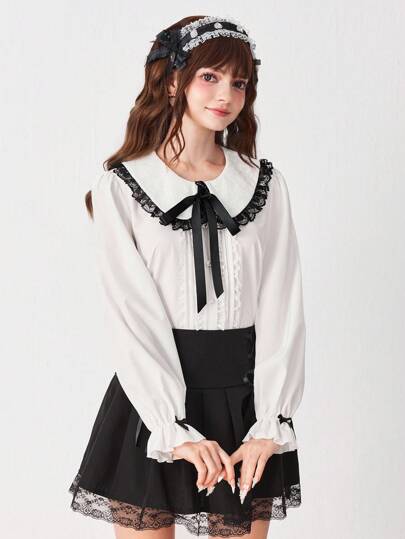 EDITION Women's Fashion Cute Peter Pan Collar Lace Trim Long Sleeve Blouse
