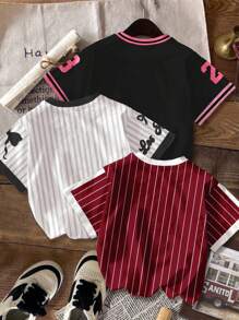 3件装少女基础款圆领短袖T恤，休闲简约，适合春夏穿着，也可作棒球衫，适合夏季、学校、校园、大学穿着。 - 彩色 - 查看 2