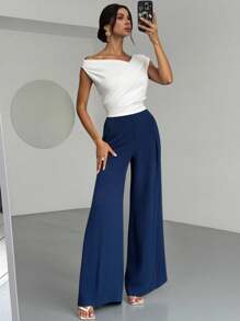 Firerie 女士新款简约优雅日常休闲百搭高腰褶皱设计宽松阔腿裤，适合夏季、办公室穿着、秋季女士、返校、女士办公室、办公室、机场、旅行机场、外出 - 藏蓝色 - 查看 9