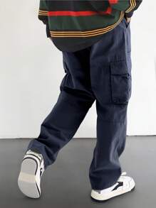 Men Loose Flap Pocket Side Cargo Pants, Men Navy Blue Cargo Pants, Men Cargo Pants With Multiple Pockets, Men Baggy Cargo Pants, Men Relaxed Fit Cargo Pants - Navy Blue - View 2