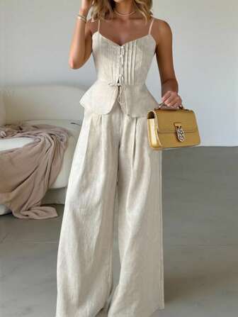 Almamuse 2pcs/Set White Linen Sleeveless Jumpsuit Palazzo Pants