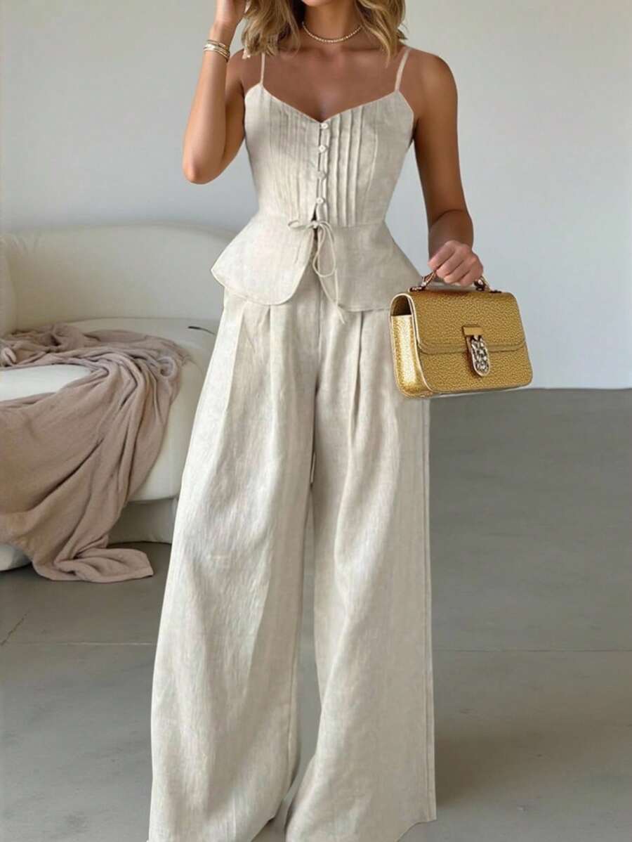 Almamuse 2pcs/Set White Linen Sleeveless Jumpsuit Palazzo Pants - White - View 1