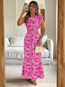 Vionelle Váy dài kiểu Pháp thanh lịch lãng mạn hở vai in hoa cỡ lớn cho nữ - Hồng - Xem 6