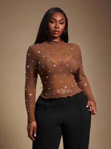 Radiana 女士立领插肩袖修身水钻网纱透视衬衫 - 棕色 - 查看 12