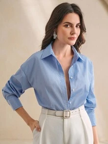 Anewsta Women's New Striped Long Sleeve Elegant Blouse Shirt - Blue - View 7