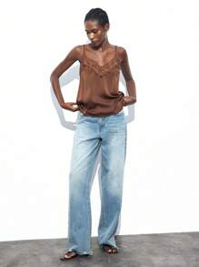 Maija 女士棕色蕾丝拼接上衣，优雅浪漫时尚舒适宽松V领可调节吊带休闲上衣，适合夏季、秋季、商务、度假，棕色吊带背心，适合度假、夏季外出、毕业典礼等场合。 - 棕色 - 查看 3