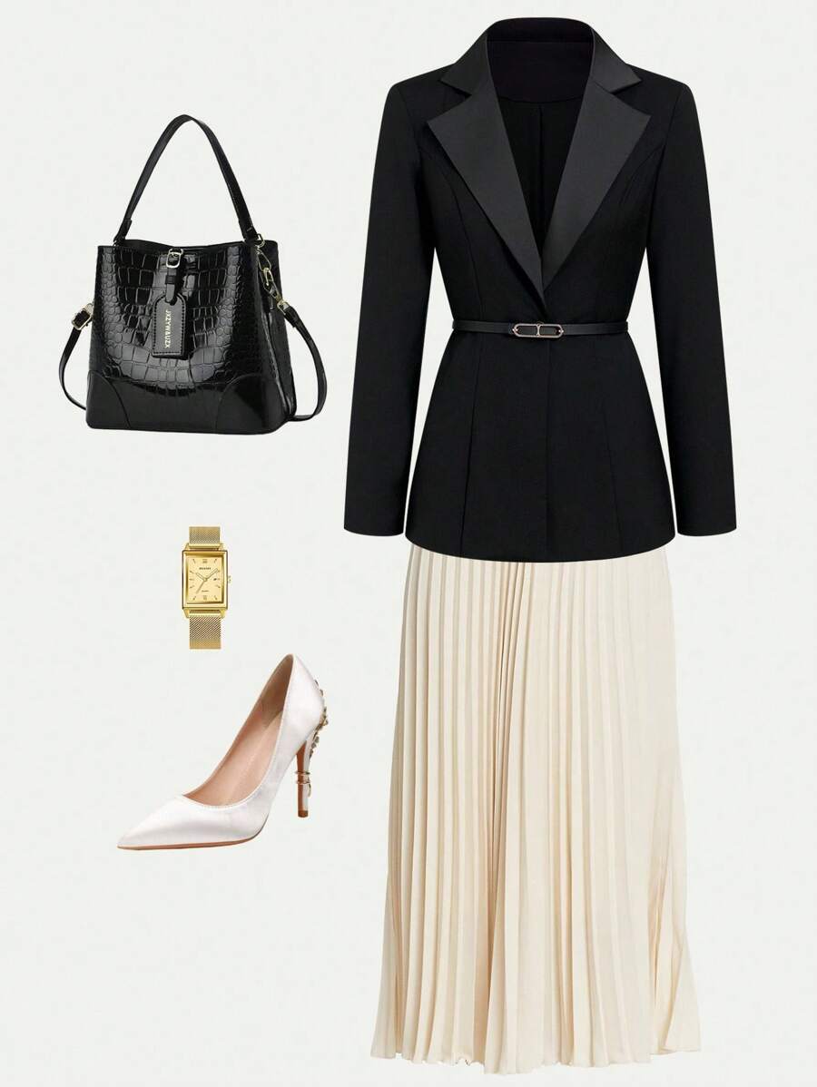 Ellevyn 女士休闲简约缺口领薄款西装外套，适合通勤 - 黑色 - 查看 1