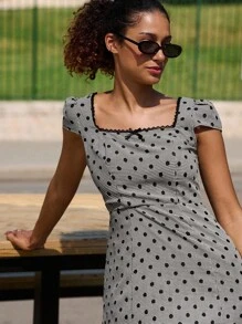 lacRébo 复古风格波点迷你连衣裙，方领泡泡袖，秋季连衣裙度假连衣裙外出连衣裙返校连衣裙秋冬