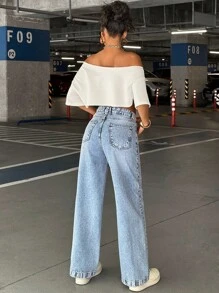 EURMUSE Damen Jeans mit niedriger Taille, weitem Bein, Taschen, locker und vielseitig einsetzbar - Mittele Waschung - Übersicht 2