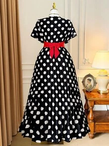 SHEIN Unity 大码女式短袖 V 领波尔卡圆点印花褶皱撞色连衣裙，适合夏季、返校、毕业典礼、节日、情人节、音乐节、母亲节、万圣节、感恩节、复活节、国庆节、舞会、约会、派对、婚礼、户外旅行