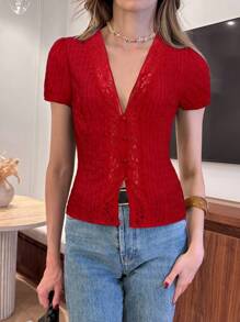 Pariaura 法式蕾丝V领纽扣褶皱女式衬衫，适合大学生穿着 - 紅色 - 查看 5