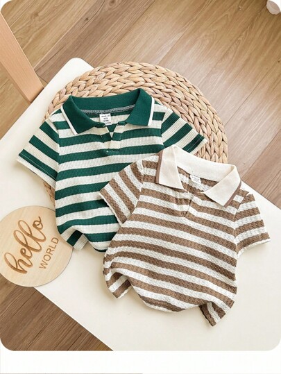 2pcs Baby Boy Cute Striped Knit Short Sleeve Polo Shirt Set, Suitable For Birthday Party, Evening Party, Performance, Wedding, Baby Shower, 1st Birthday Celebration