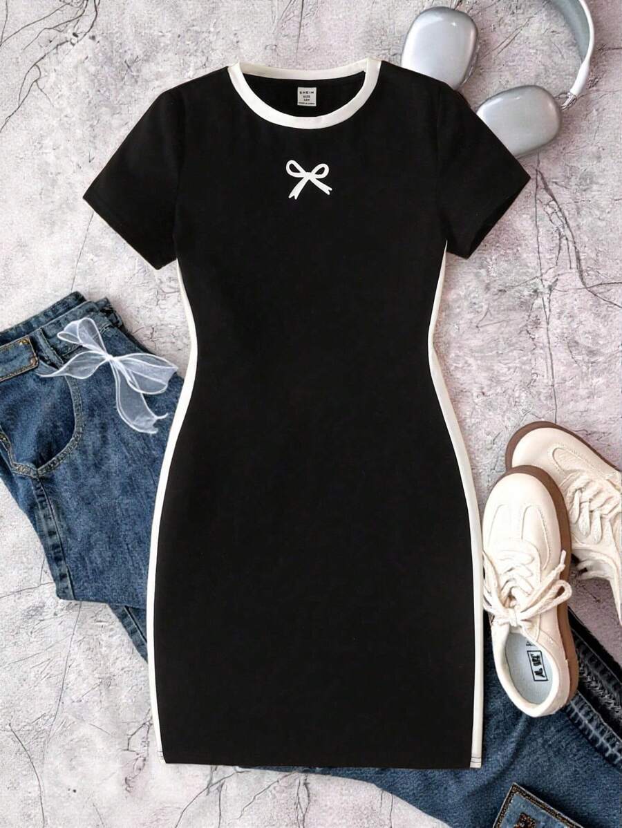 SHEIN Robe décontractée ajustée à imprimé nœud contrasté pour fille préadolescente, à la mode et polyvalente pour un usage quotidien - Noir - Voir 1