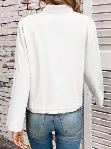 EMERY ROSE Women's Solid Color Cuffed Sleeve Zip Front Casual Short Jacket In Fall/Winter - White - View 2