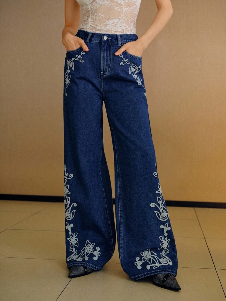 FLORAL EMBROIDERY WIDE LEG JEANS