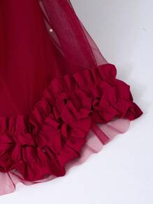 Vestido de Tule com Babados Florais e Decoração de Pérolas, Elegante para Meninas - Vinho - Visão 4