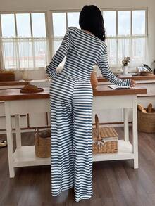 SHEIN 女士休闲条纹印花长袖上衣和裤子睡衣套装，秋季服装 - 藍色 - 查看 4