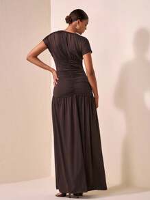 Veslaya Vestido sexy de manga corta con cuello redondo, plisado lateral y bajo con abertura, adecuado para mujer de talla grande en ocasiones casuales, diarias, citas, viajes, trabajo, elegante y playa, apto para otoño, invierno, primavera y verano - Marrón - Ver 11