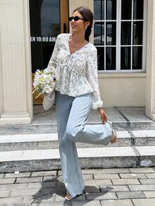 Serisse 休闲宽松碎花长袖系带衬衫，适合女性日常穿着，秋季百搭，适合返校、外出、办公等场合，蓝色碎花衬衫，波西米亚风衬衫，适合冬季、春季、度假度假 - 藍色 - 查看 4