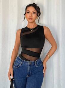Islaluna Elegant Sexy Fashion Black Round Neck Sleeveless Bodysuit, Geometric Mesh Splice Slim Fit Knit Bodysuit For Women, Spring/Summer