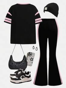 SHEIN 2pcs/Set Tween Girls Casual Loose Fit Numeric 28 Graphic Tee And Flare Pants Outfit, Black & Pink, Suitable For Summer Outings, Easy Comfort, Autumn Layers, Stylish Kids, Casual Wear, Kids Graphic Clothes, Back To School, Fall Clothes, Homecoming, Suitable For Outdoor Picnics, Outings, Street Style, Home, And School - Multicolor - View 2