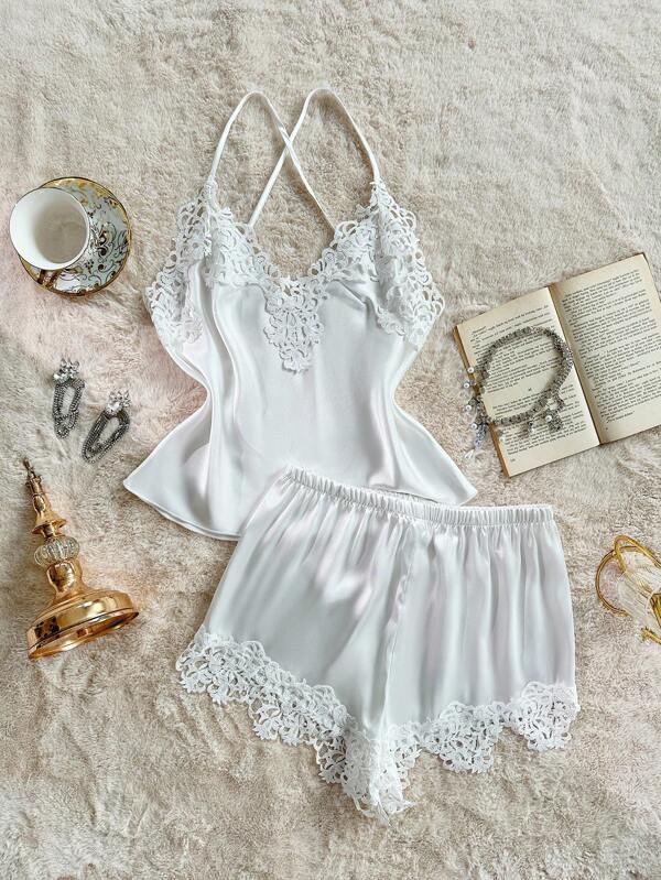 SilkySpell Lace Trim V-Neck Backless Silk-Like Women's Camisole & Shorts Pajama Set Lace Pajama Set Lace Sleep Set Bridal Pj Set Lingerie Sleep Set