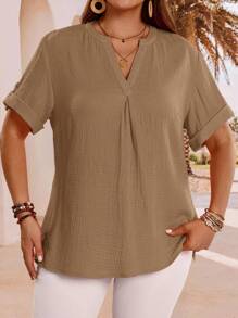 EMERY ROSE 大码夏季简约纯色纹理缺角领短袖宽松束腰上衣衬衫，夏季假期，女士度假，简约时尚日常穿着，度假风，春假，休闲春装，波西米亚风，外出，2025新款，秋季女士，舒适透气 - 棕色 - 查看 4