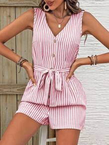 Breezaya 度假休闲条纹无袖连体裤 - 西瓜粉 - 查看 6