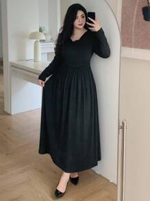 Dazy Plus Đầm maxi dài tay ôm sát, cổ xếp ly, màu trơn, co giãn, dành cho nữ, mùa thu/đông. - màu đen - Xem 6