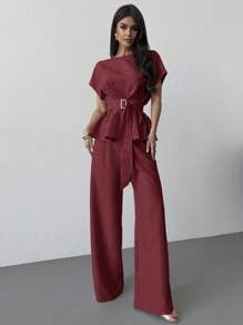 Firerie 春夏新款优雅杏色亚麻竹节领收腰系带上衣&高腰直筒阔腿裤通勤套装亚麻休闲套装度假套装