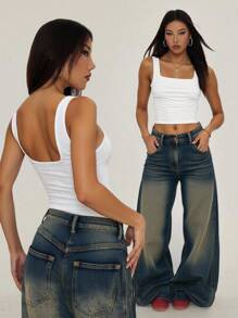 少女休闲百搭百搭日常度假褶饰白色短款修身背心 - 白色 - 查看 1