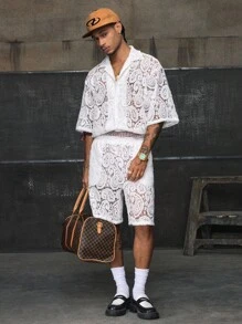 AXEPEAK Men's Summer Holiday Milk Silk Embroidered Textured Hollow-Out Casual Short Sleeve Shorts Set