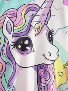 Elladie kids Đầm thời trang thường ngày cổ tròn họa tiết kỳ lân hoạt hình dễ thương cho bé gái, ôm sát eo, thích hợp cho tiệc tùng ngày lễ, kỳ nghỉ, mùa hè - Màu tím - Xem 5