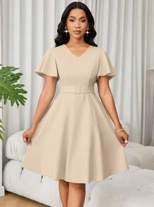 Eryvara 女士优雅纯色A字连衣裙，夏季 - 卡其色 - 查看 5