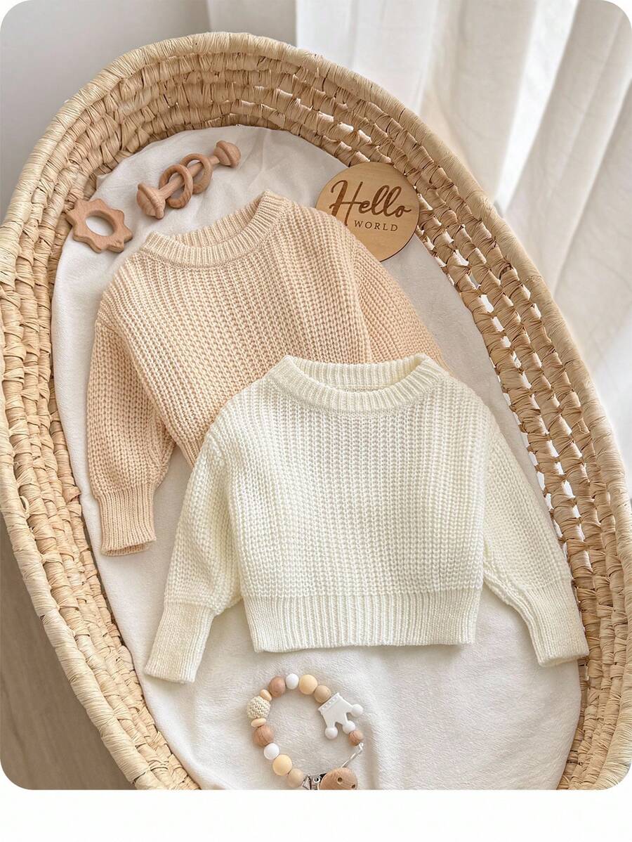 SHEIN 2pcs Newborn Baby Girl Cute Versatile Solid Color Long Sleeve Sweater, Autumn/Winter Fall