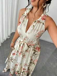 Elenzga 大码女式优雅浪漫碎花 V 领长裙 - 彩色 - 查看 5