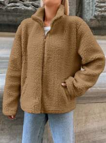 EURMUSE 女士休闲纯色常规夹克，秋冬 - 駝色 - 查看 3