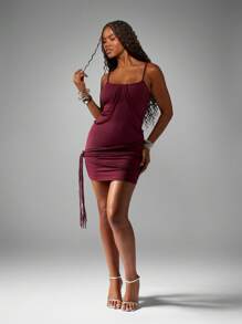 MISSGUIDED Burgundy Mini Bodycon Dress Plaited Rope Detail Spaghetti Strap Form Fitting Club Night Party Holiday Special Occasion Winter Fashion - Burgundy - View 3